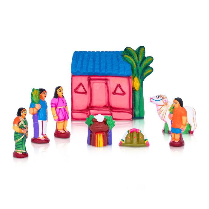 Pongal Clay Golu Bommai Set - 7 x 8.5 Inches | 8 Pcs/ Giri Golu Doll/ Navratri Kolu Bommai/ Bomma/ Dasara Doll