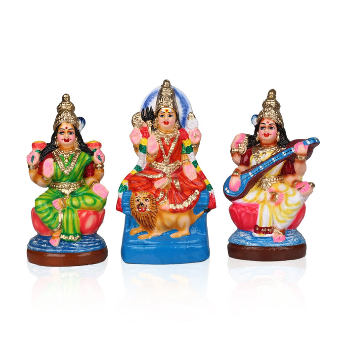 Durga Lakshmi Saraswati Clay Golu Bommai Set - 8 x 3.5 Inches | Giri Golu Goll/ Navartri Kolu Bommalu