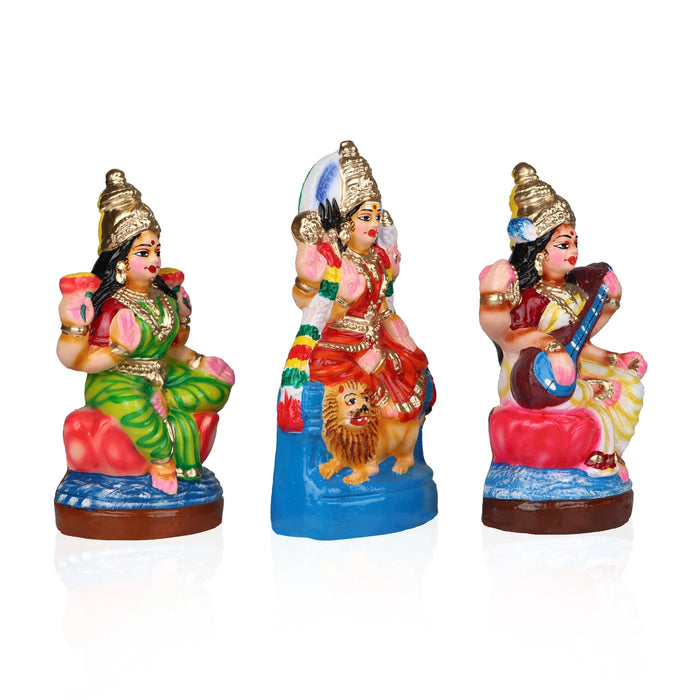 Durga Lakshmi Saraswati Clay Golu Bommai Set - 8 x 3.5 Inches | Giri Golu Goll/ Navartri Kolu Bommalu