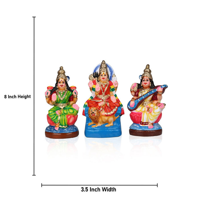 Durga Lakshmi Saraswati Clay Golu Bommai Set - 8 x 3.5 Inches | Giri Golu Goll/ Navartri Kolu Bommalu