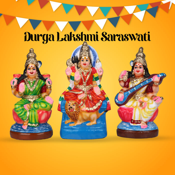 Durga Lakshmi Saraswati Clay Golu Bommai Set - 8 x 3.5 Inches | Giri Golu Goll/ Navartri Kolu Bommalu