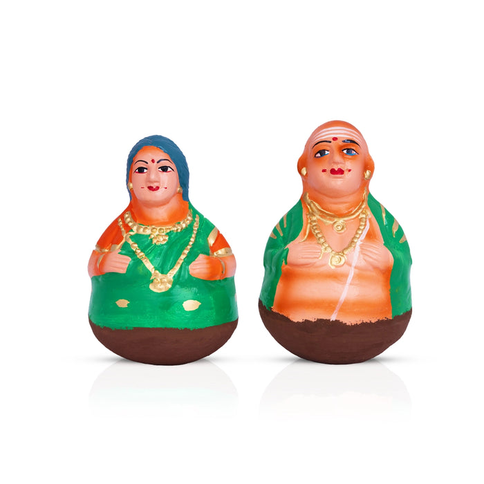 Roly Poly Balancing Thatha Patti Clay Golu Bommai Pair - 6 x 4 Inches | Giri Golu Doll/ Navaratri Kolu Bommai