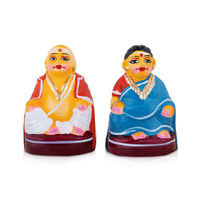 Chettiyar Chettichi Clay Golu Bommai Pair - 4.5 x 3 Inches | Golu Doll/ Navaratri Golu Bomma/ Gombe/ Bommai