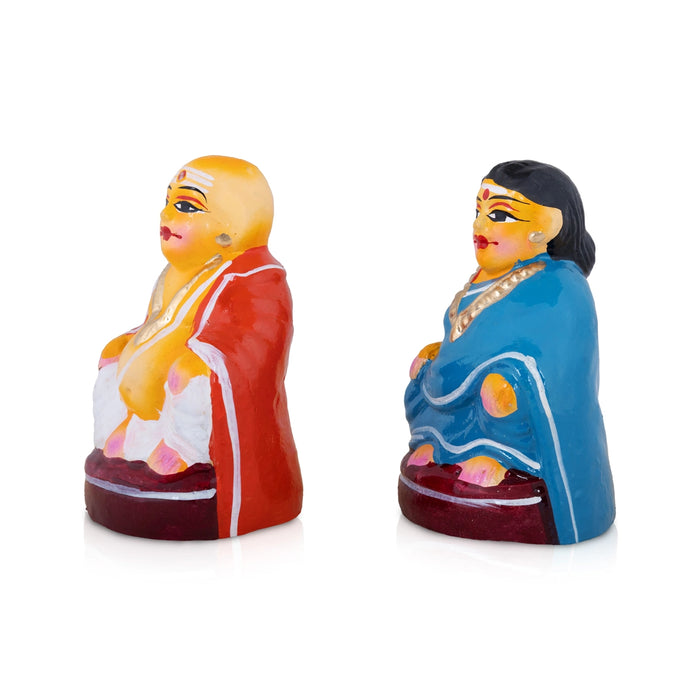 Chettiyar Chettichi Clay Golu Bommai Pair - 4.5 x 3 Inches | Golu Doll/ Navaratri Golu Bomma/ Gombe/ Bommai