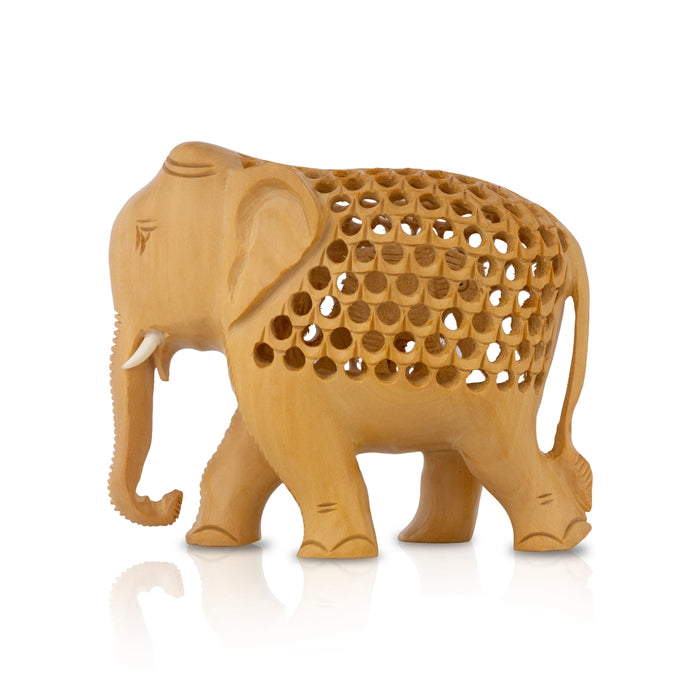 Elephant Statue - 4 X 4.5 Inches | Carving Jali Design Elephant Idol/ Wooden Elephant Sculpture For Home Decor - Table Stand Accessories