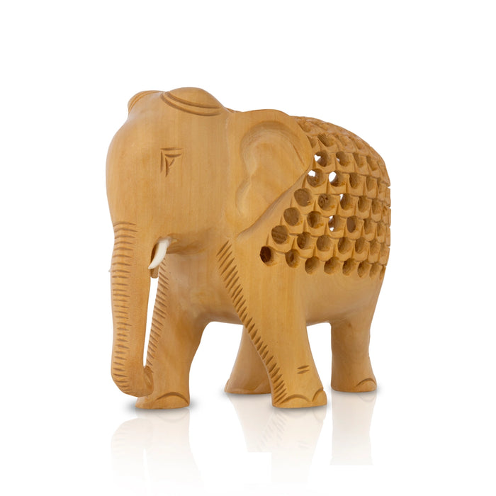 Elephant Statue - 4 X 4.5 Inches | Carving Jali Design Elephant Idol/ Wooden Elephant Sculpture For Home Decor - Table Stand Accessories