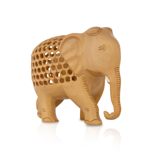 Elephant Statue - 4 X 4.5 Inches | Carving Jali Design Elephant Idol/ Wooden Elephant Sculpture For Home Decor - Table Stand Accessories