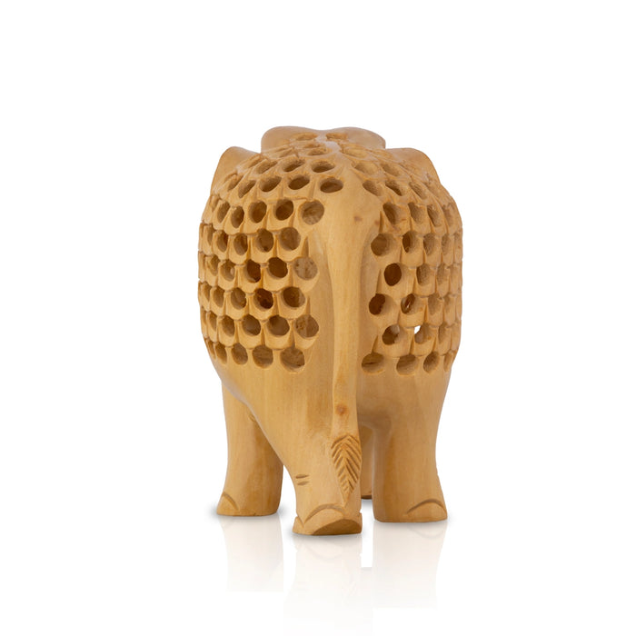 Elephant Statue - 4 X 4.5 Inches | Carving Jali Design Elephant Idol/ Wooden Elephant Sculpture For Home Decor - Table Stand Accessories