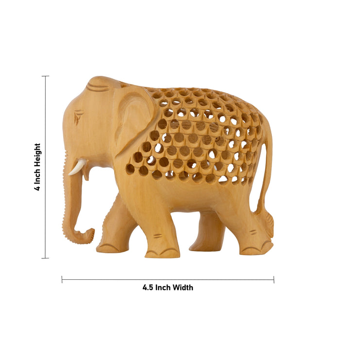 Elephant Statue - 4 X 4.5 Inches | Carving Jali Design Elephant Idol/ Wooden Elephant Sculpture For Home Decor - Table Stand Accessories