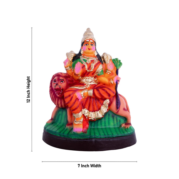 Durga Sitting On Lion Clay Kolu Bommai - 10 x 8 Inches | Giri Golu Doll/ Navaratri Golu Bommalu/ Gombe