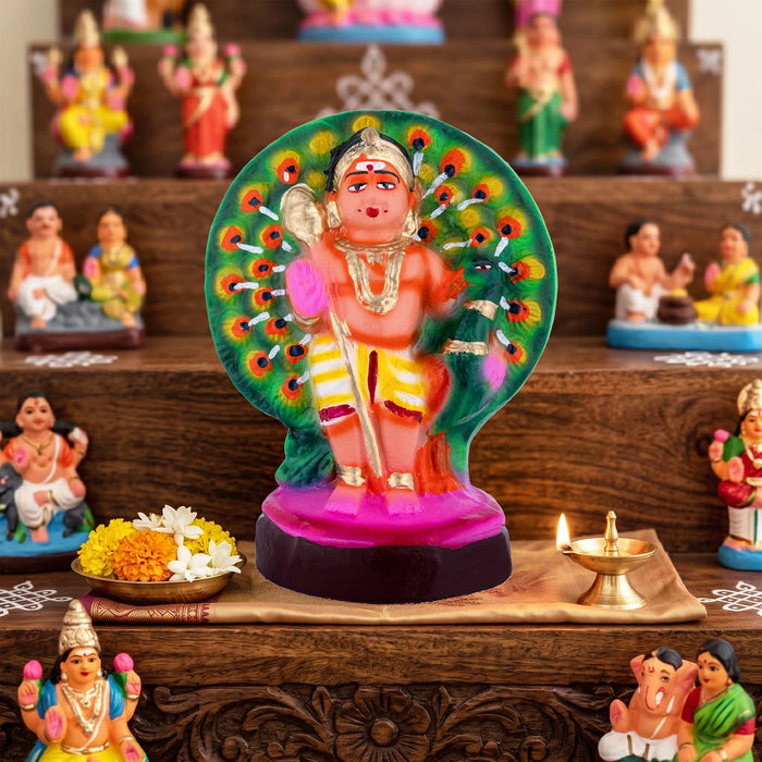 Peacock Murugan Clay Golu Bommai - 7.5 x 5.8 Inches | Giri Golu Doll/ Navaratri Golu Bomma/ Gombe/ Bommalu