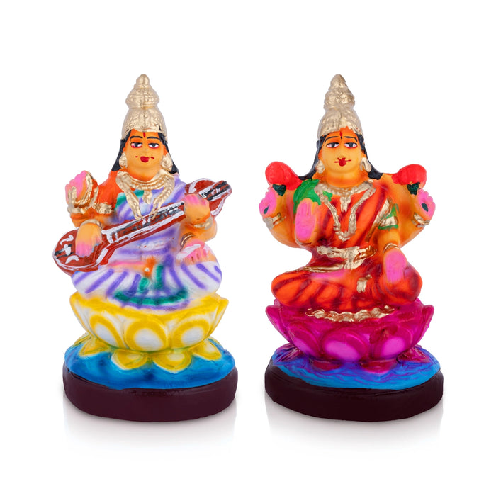 Lakshmi Saraswati Clay Golu Bommai Pair - 7.5 x 4 Inches | Giri Golu Doll/ Navaratri Golu Bomma/ Gombe/ Bommai