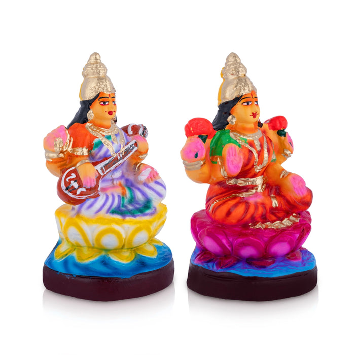 Lakshmi Saraswati Clay Golu Bommai Pair - 7.5 x 4 Inches | Giri Golu Doll/ Navaratri Golu Bomma/ Gombe/ Bommai