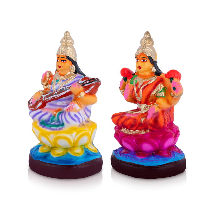 Lakshmi Saraswati Clay Golu Bommai Pair - 7.5 x 4 Inches | Giri Golu Doll/ Navaratri Golu Bomma/ Gombe/ Bommai