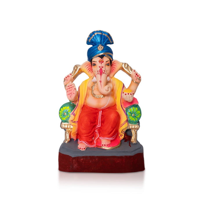 Lord Ganesha On Diwan Clay Murti - 8 x 5.5 Inches| Left Trunk Ganapathi Idol for Vinayagar Chaturthi