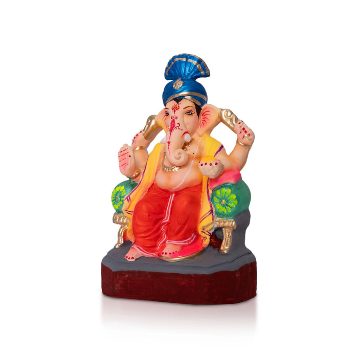 Lord Ganesha On Diwan Clay Murti - 8 x 5.5 Inches| Left Trunk Ganapathi Idol for Vinayagar Chaturthi