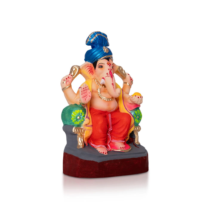 Lord Ganesha On Diwan Clay Murti - 8 x 5.5 Inches| Left Trunk Ganapathi Idol for Vinayagar Chaturthi