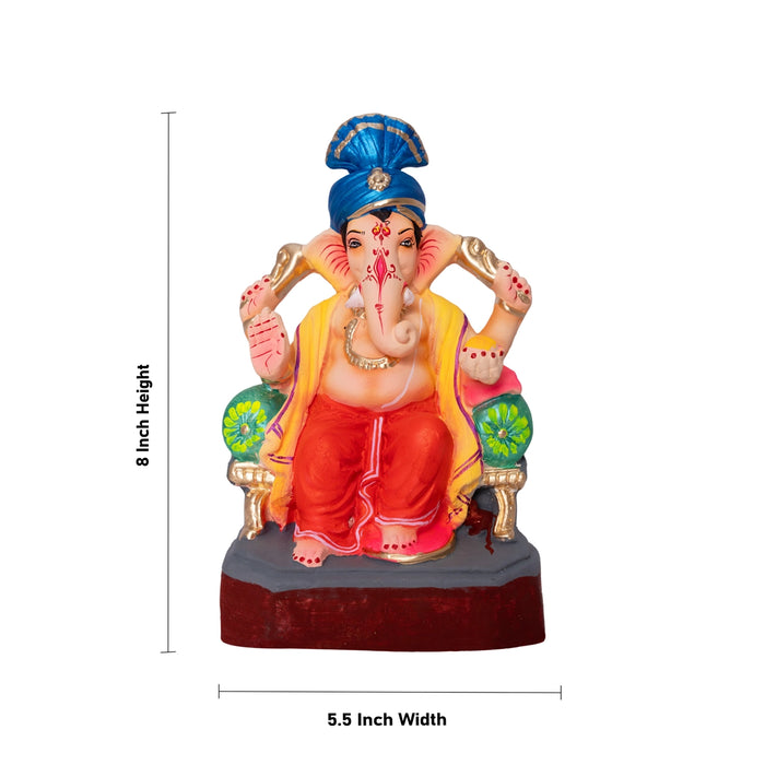 Lord Ganesha On Diwan Clay Murti - 8 x 5.5 Inches| Left Trunk Ganapathi Idol for Vinayagar Chaturthi