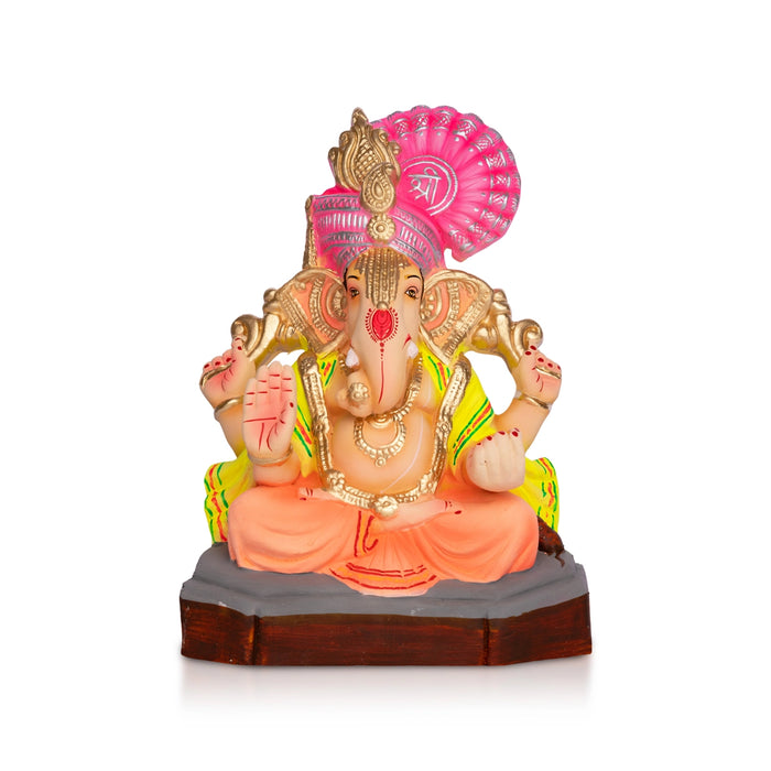 Ganesha Padmasana Crown Design Clay Idol - 8 x 5.5 Inches | Right Trunk Vinayagar Murti for Pooja