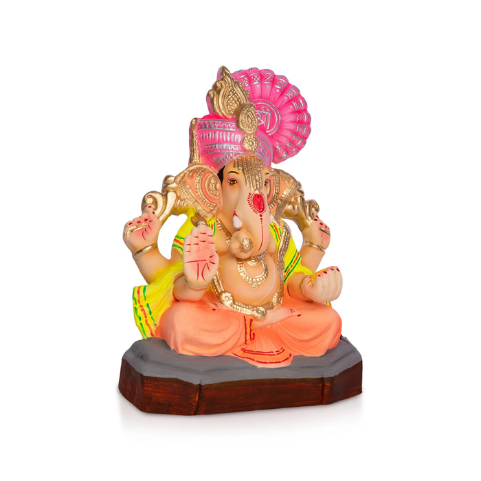 Ganesha Padmasana Crown Design Clay Idol - 8 x 5.5 Inches | Right Trunk Vinayagar Murti for Pooja