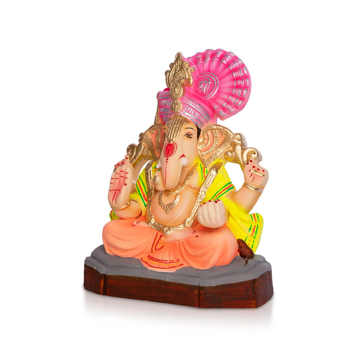 Ganesha Padmasana Crown Design Clay Idol - 8 x 5.5 Inches | Right Trunk Vinayagar Murti for Pooja