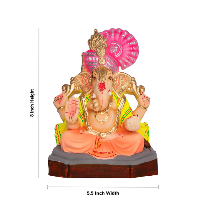Ganesha Padmasana Crown Design Clay Idol - 8 x 5.5 Inches | Right Trunk Vinayagar Murti for Pooja