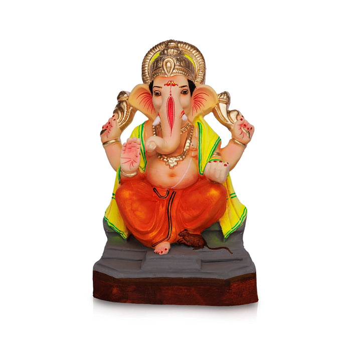 Ganapati Sitting on Diwan with Crown Clay Murti - 12 x 6.5 Inches | Right Trunk Ganesha Murti for Pooja