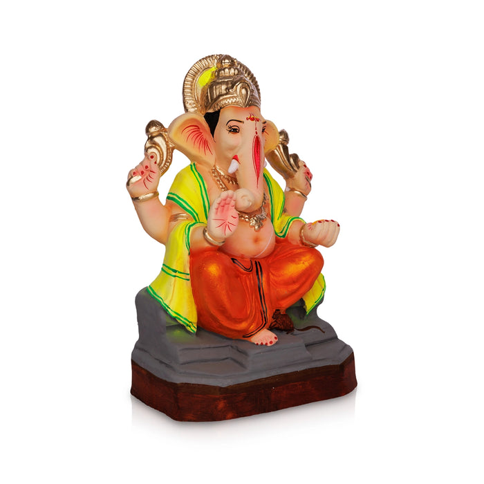 Ganapati Sitting on Diwan with Crown Clay Murti - 12 x 6.5 Inches | Right Trunk Ganesha Murti for Pooja