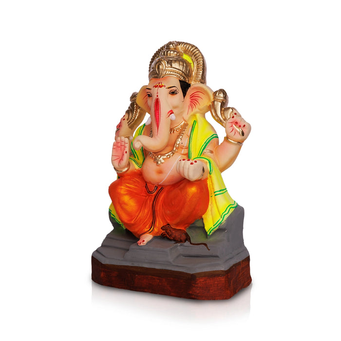 Ganapati Sitting on Diwan with Crown Clay Murti - 12 x 6.5 Inches | Right Trunk Ganesha Murti for Pooja