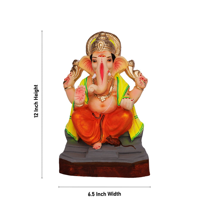 Ganapati Sitting on Diwan with Crown Clay Murti - 12 x 6.5 Inches | Right Trunk Ganesha Murti for Pooja