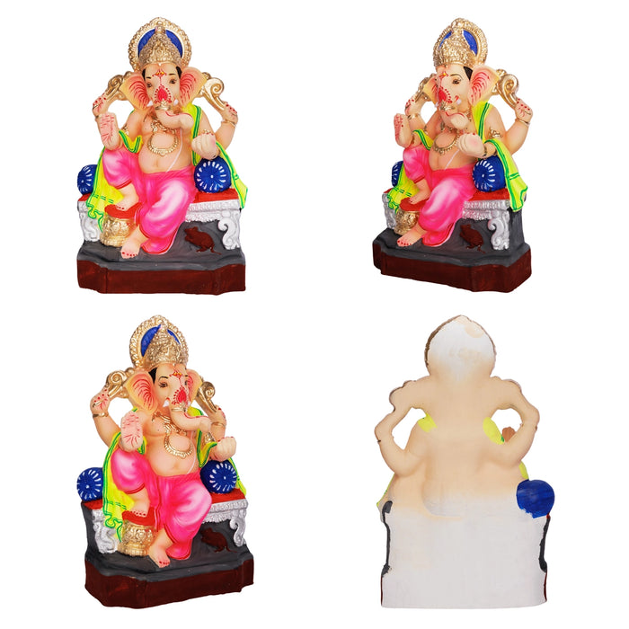 Ganapathi Sitting On Diwan Clay Murti - 13 x 7.5 Inches | Ganesha Idol for Vinayagar Chaturthi