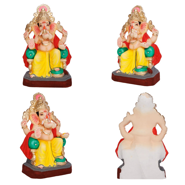 Ganapathi Sitting On Diwan Clay Murti - 13 x 7.5 Inches | Ganesha Idol for Vinayagar Chaturthi