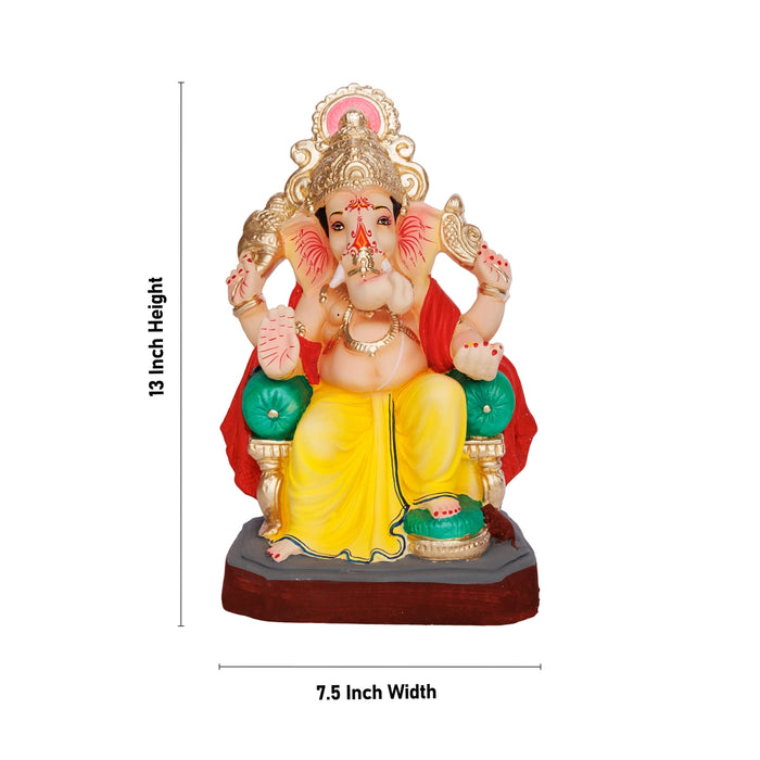 Ganapathi Sitting On Diwan Clay Murti - 13 x 7.5 Inches | Ganesha Idol for Vinayagar Chaturthi