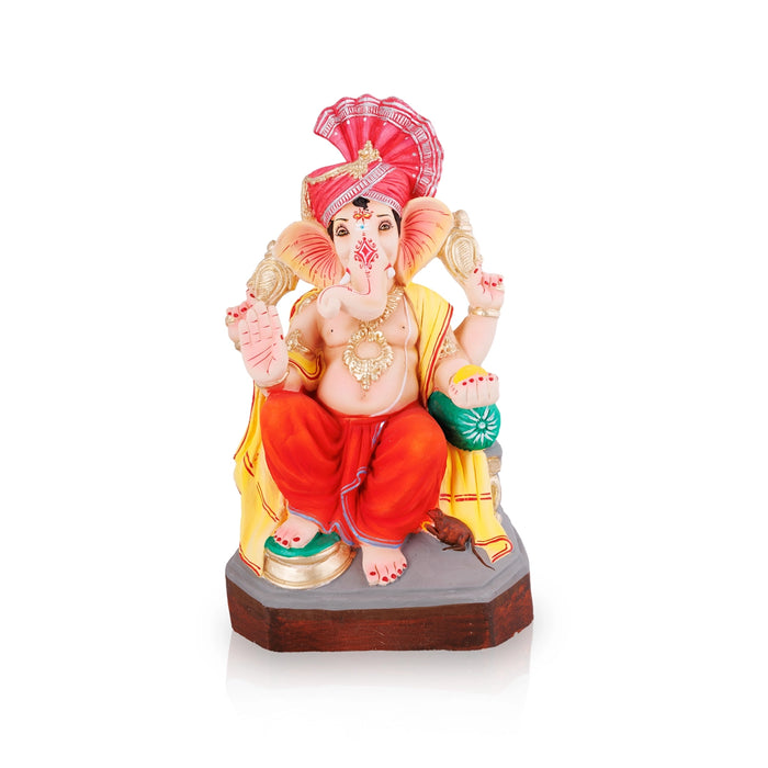 Ganesha Clay Idol With Turban - 17 x 8.5 Inches | Right Trunk Ganpati Figurine for Vinayakar Chaturthi