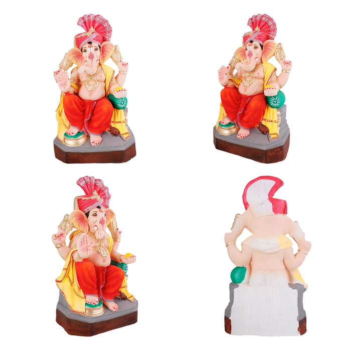 Ganesha Clay Idol With Turban - 17 x 8.5 Inches | Right Trunk Ganpati Figurine for Vinayakar Chaturthi