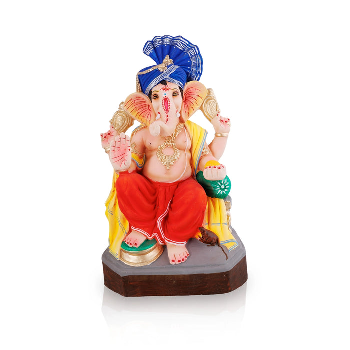 Ganesha Clay Idol With Turban - 17 x 8.5 Inches | Right Trunk Ganpati Figurine for Vinayakar Chaturthi