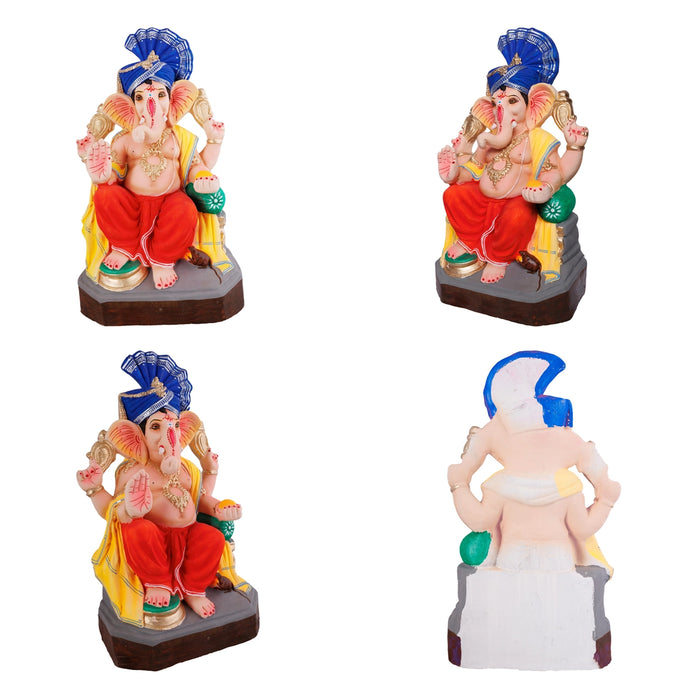 Ganesha Clay Idol With Turban - 17 x 8.5 Inches | Right Trunk Ganpati Figurine for Vinayakar Chaturthi