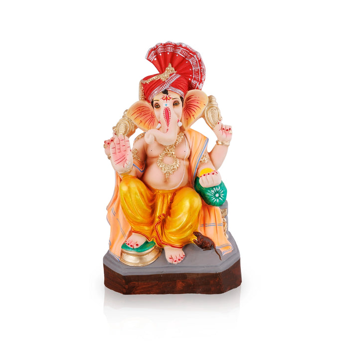 Ganesha Clay Idol With Turban - 17 x 8.5 Inches | Right Trunk Ganpati Figurine for Vinayakar Chaturthi