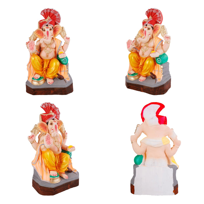 Ganesha Clay Idol With Turban - 17 x 8.5 Inches | Right Trunk Ganpati Figurine for Vinayakar Chaturthi