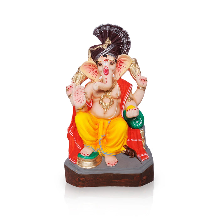 Ganesha Clay Idol With Turban - 17 x 8.5 Inches | Right Trunk Ganpati Figurine for Vinayakar Chaturthi