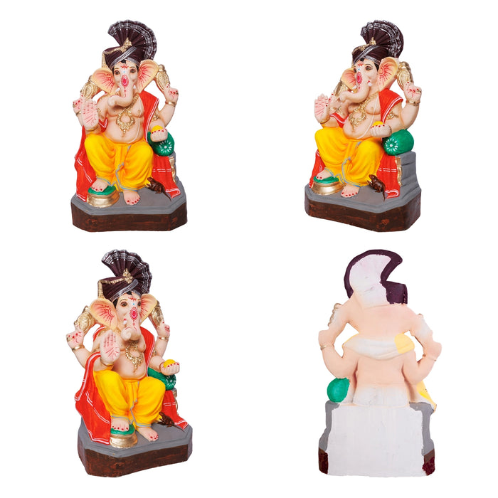 Ganesha Clay Idol With Turban - 17 x 8.5 Inches | Right Trunk Ganpati Figurine for Vinayakar Chaturthi