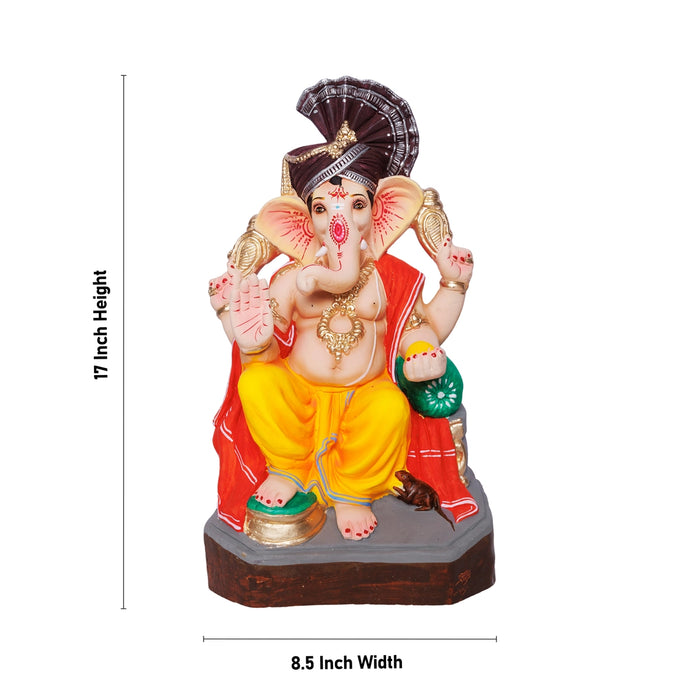 Ganesha Clay Idol With Turban - 17 x 8.5 Inches | Right Trunk Ganpati Figurine for Vinayakar Chaturthi