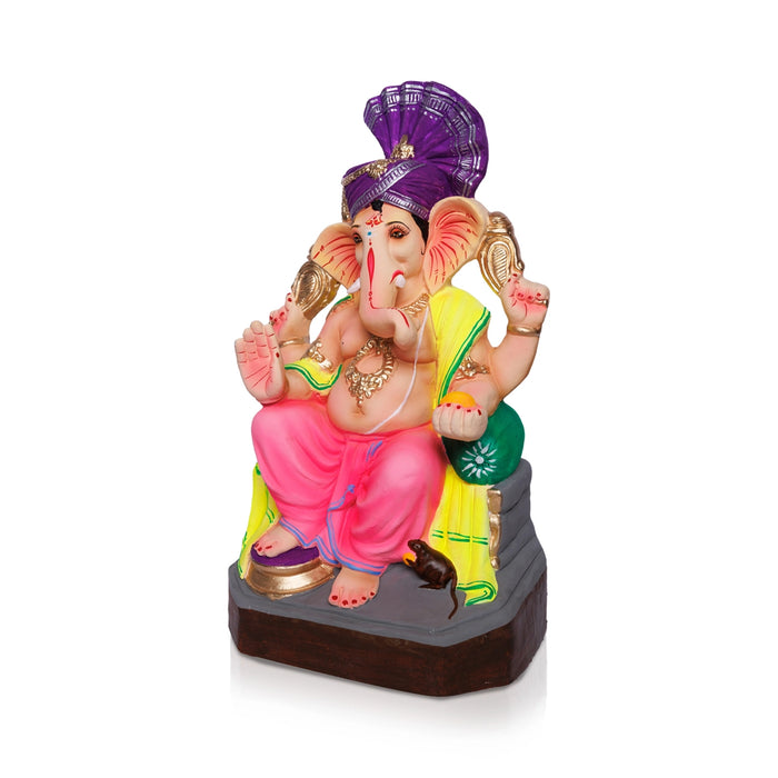 Vinayagar Seated On Diwan Clay Idol - 17 x 8.5 Inches | Left Trunk Ganapati Idol for Vinayagar Chaturthi