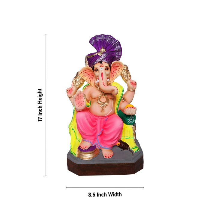 Vinayagar Seated On Diwan Clay Idol - 17 x 8.5 Inches | Left Trunk Ganapati Idol for Vinayagar Chaturthi
