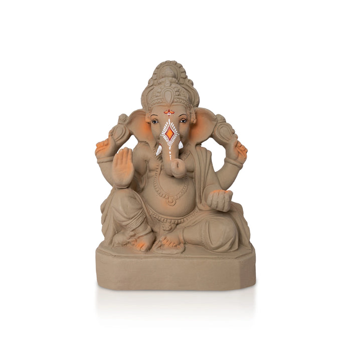 Ganesha Clay With Crown Statue - 9 x 7 Inches | Vinayagar Idol for Festivals & Daily worship