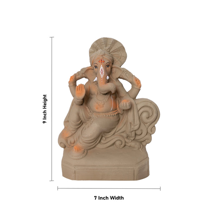 Ganesha Clay With Crown Statue - 9 x 7 Inches | Vinayagar Idol for Festivals & Daily worship