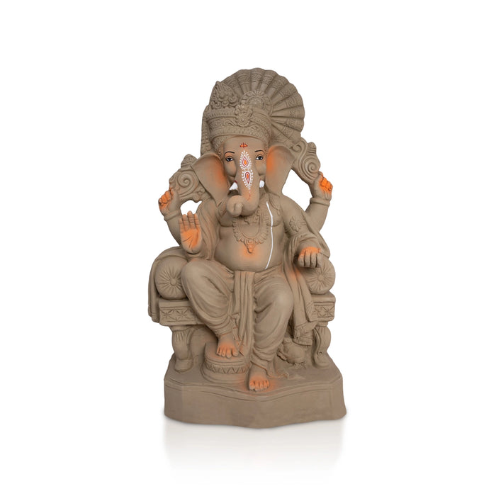 Ganesha Plain Clay With Crown Idol - 18 x 8 Inches | Ganapati Murti for Vinayagar chaturthi