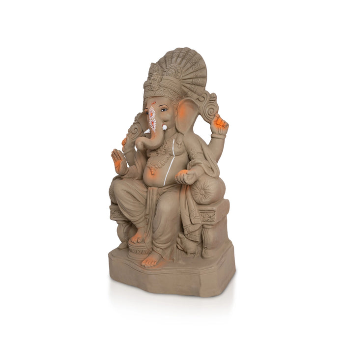 Ganesha Plain Clay With Crown Idol - 18 x 8 Inches | Ganapati Murti for Vinayagar chaturthi