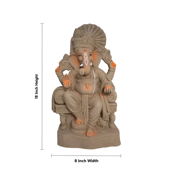 Ganesha Plain Clay With Crown Idol - 18 x 8 Inches | Ganapati Murti for Vinayagar chaturthi