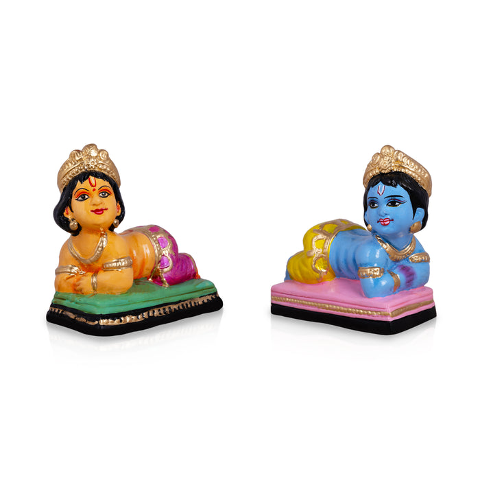 Krishna And Balram Clay Golu Bommai Pair - 6 x 6 Inches | Giri Golu Doll/ Navaratri Golu Bomma/ Gombe/ Bommai - Clay Kolu Bommai
